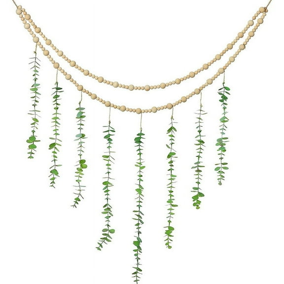 Eucalyptus Boho Wall Decor Large Boho Bedroom Wall Hanging Wooden Bead Garland Artificial Eucalyptus Natural Greenery