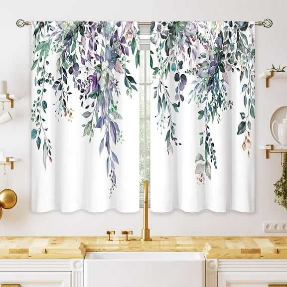 Eucalyptus Botanical Leaves Blue Purple Floral Kitchen Window Curtains over Sink Farmhouse Flower Leaf Small Window Treatment Cafe Short Curtains for Bathroom Treatment Tier Drape 27.5x39 inch