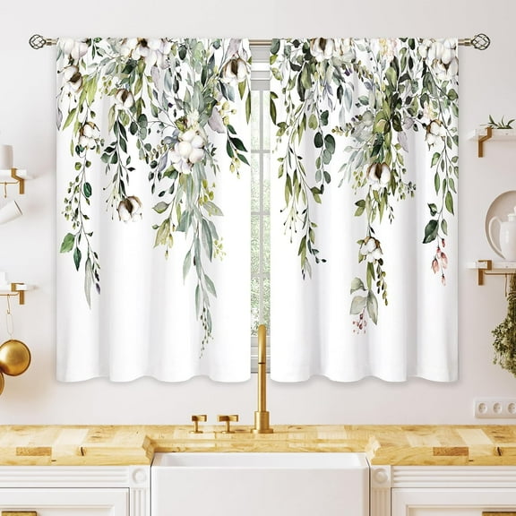 Eucalyptus Botanical Leaves Cotton Farmhouse Floral Small Kitchen Curtains Flower Treatment Wildflower Plant Cafe Short Window Curtains for Bathroom Room Tier Treatment Drapes 26x36 inch