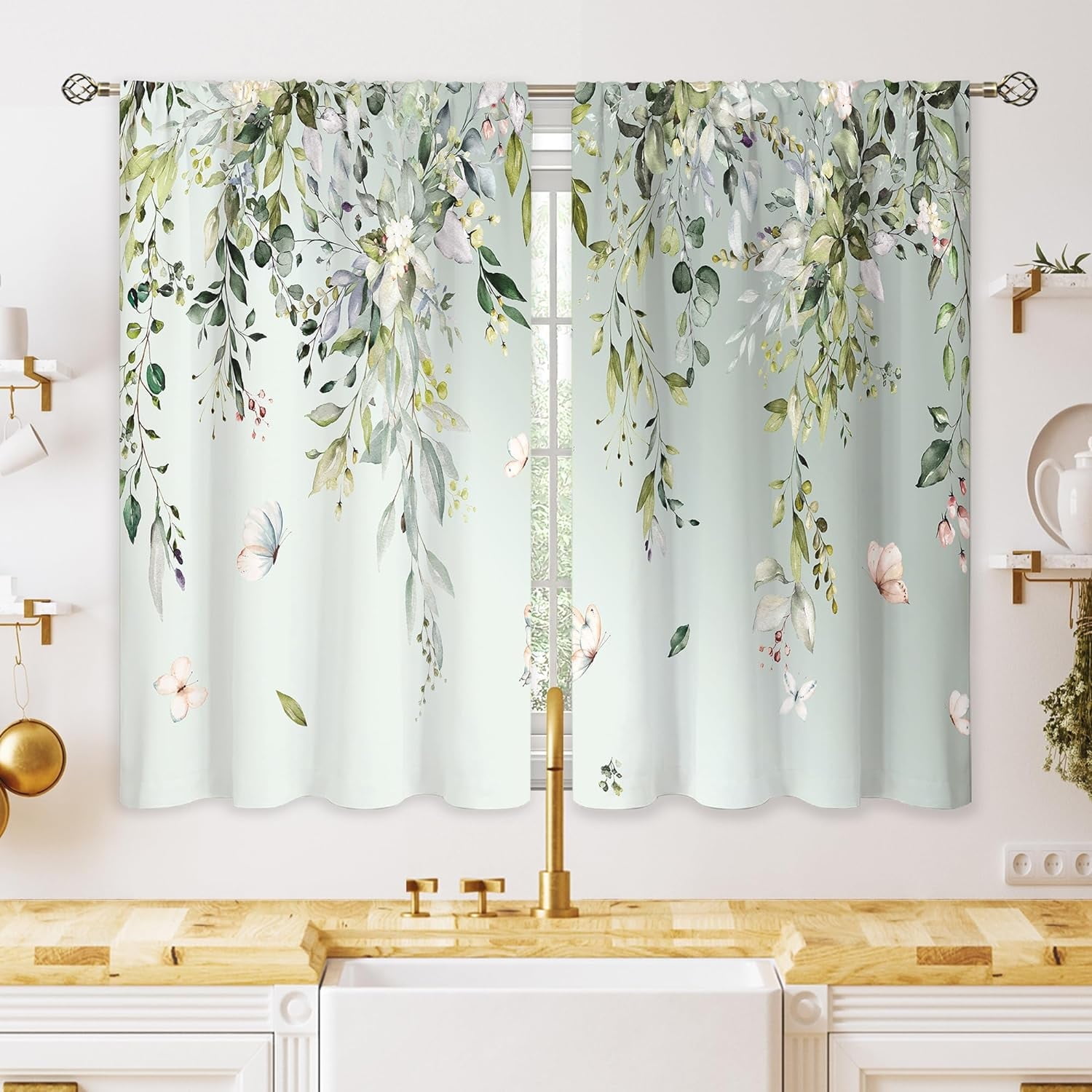 Eucalyptus Botanical Leaves Floral Kitchen Window Curtains Butterfly Farmhouse Flower Leaf Small Window Treatment Sage Green Cafe Short Curtains for Bathroom Treatment Tier Drapes 27.9x39 inch
