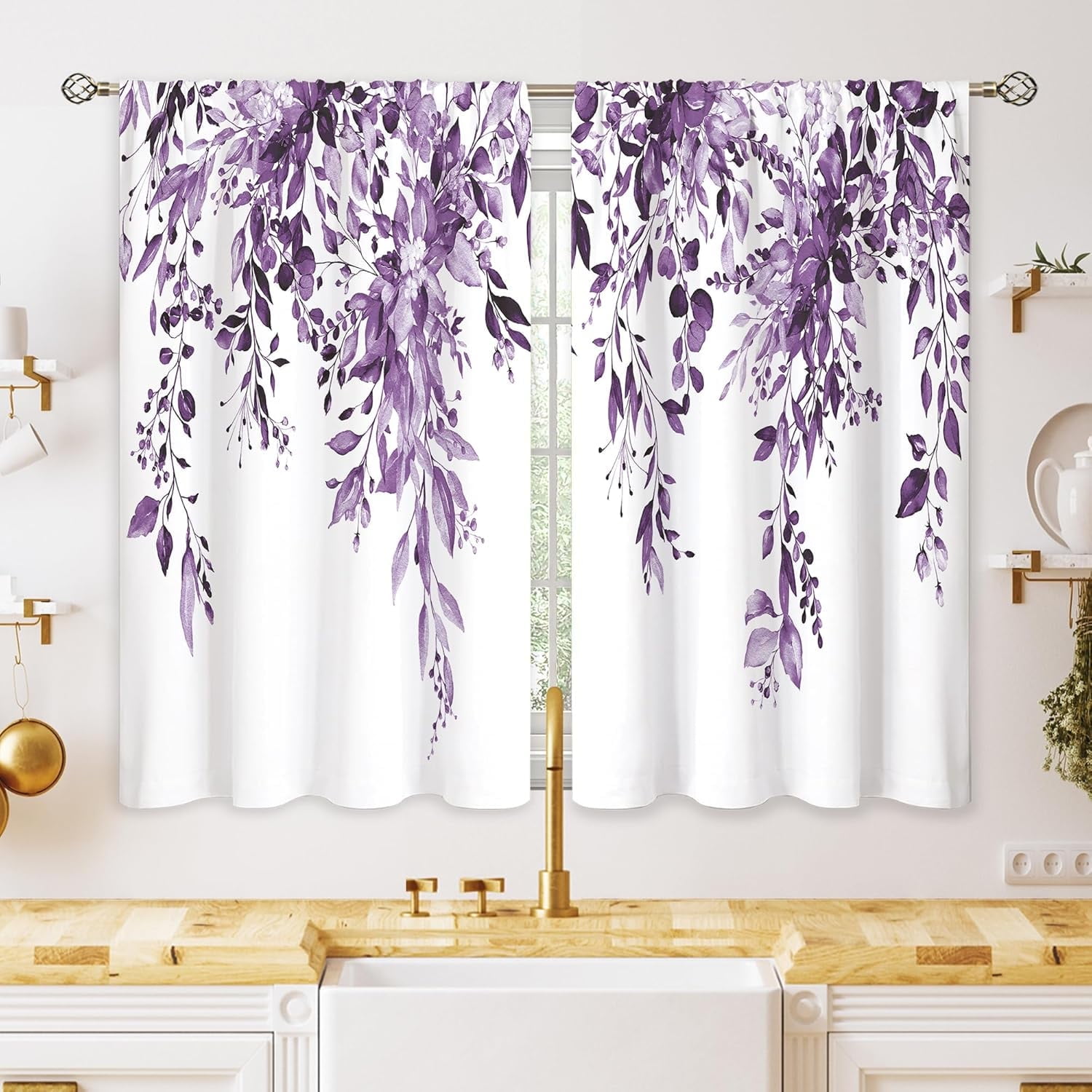 Cafe Style Drapes Oolygoo Blue Eucalyptus Leaf Kitchen Curtains