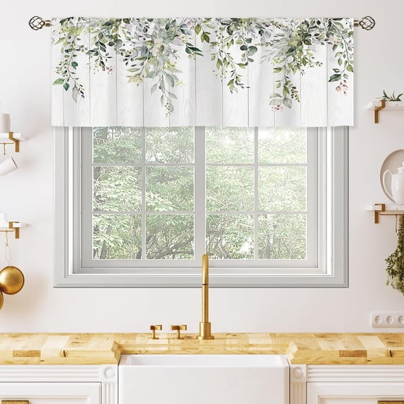 Eucalyptus Botanical Leaves Floral Kitchen Window Curtains Over Sink Farmhouse Flower Leaf Small Window Treatment Sage Green Cafe Short Curtains for Bathroom Treatment Tier Drapes 26x24 inch