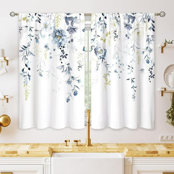 Eucalyptus Botanical Leaves Floral Kitchen Window Curtains over Sink Farmhouse Flower Leaf Small Window Treatment Sage Green Cafe Short Curtains for Bathroom Treatment Tier Drapes 27.5x39 inch