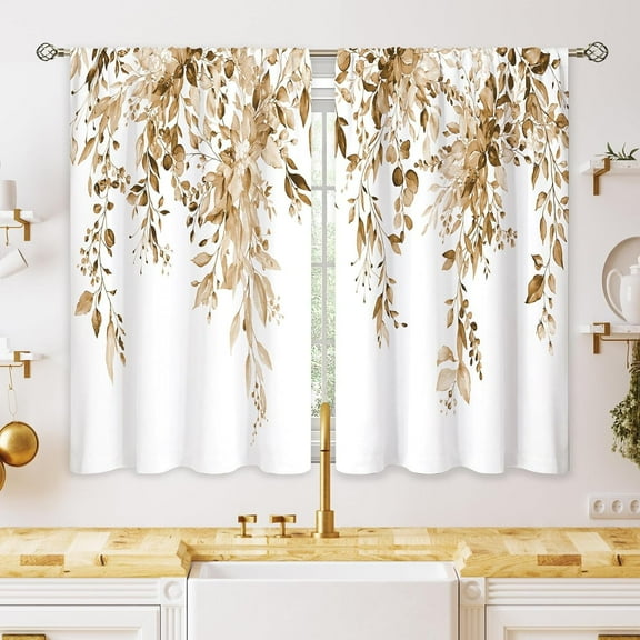 Eucalyptus Botanical Leaves Floral Kitchen Window Curtains Over Sink Farmhouse Flower Leaf Small Window Treatment Tan Floral Cafe Short Curtains for Bathroom Treatment Tier Drapes 26x36 inch