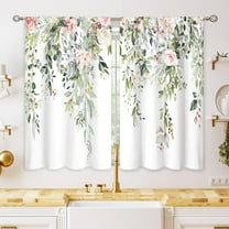 Eucalyptus Botanical Leaves Pink Rose Floral Kitchen Window Curtains Flower Plant Leaf Small Window Treatment Sage Green Cafe Short Curtains for Bathroom Treatment Tier Drapes 26x36 inch