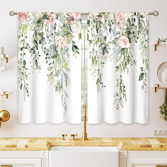 Eucalyptus Botanical Leaves Pink Rose Floral Kitchen Window Curtains Flower Plant Leaf Small Window Treatment Sage Green Cafe Short Curtains for Bathroom Treatment Tier Drapes 26x36 inch