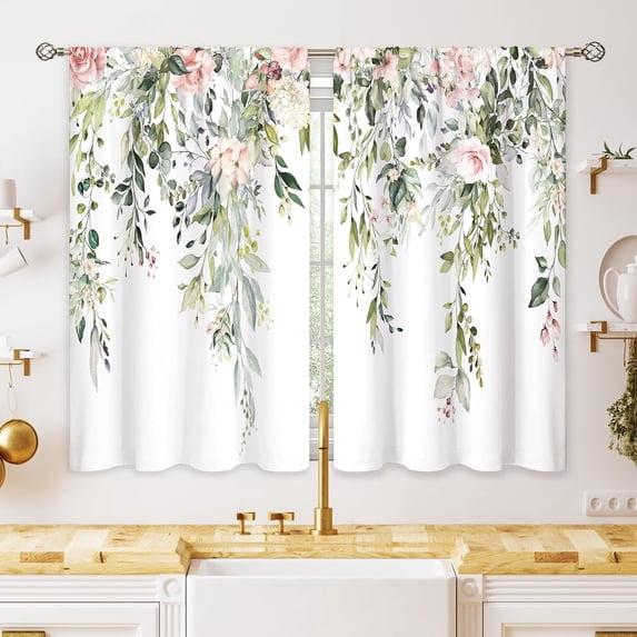 Eucalyptus Botanical Leaves Pink Rose Floral Kitchen Window Curtains Flower Plant Leaf Small Window Treatment Sage Green Cafe Short Curtains for Bathroom Treatment Tier Drapes 27.9x39 inch