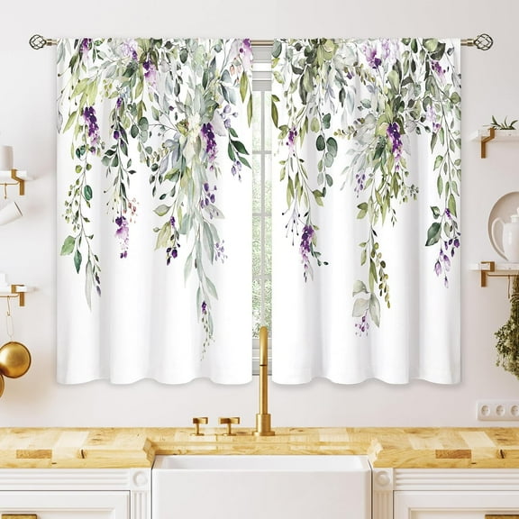 Eucalyptus Botanical Leaves Purple Floral Kitchen Window Curtains Flower Plant Leaf Small Window Treatment Sage Green Cafe Short Curtains for Bathroom Treatment Tier Drapes 27.9x39 inch