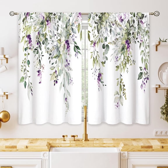 Eucalyptus Botanical Leaves Purple Floral Kitchen Window Curtains Flower Plant Leaf Small Window Treatment Sage Green Cafe Short Curtains for Bathroom Treatment Tier Drapes 27.9x39 inch