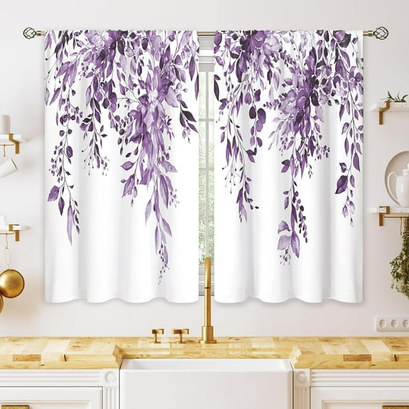 Eucalyptus Botanical Leaves Purple Floral Kitchen Window Curtains Over Sink Farmhouse Flower Leaf Small Window Treatment Cafe Short Curtains for Bathroom Treatment Tier Drapes 27.5x24 inch