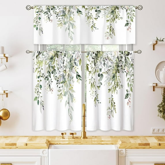 Eucalyptus Botanical Leaves Small Short Kitchen Curtains Farmhouse Flower Window Curtains Valance and Tier Set 3 Piece 36 Inch Sage Green Tier Treatment Curtain Boho Cafe Curtains for Bathroom
