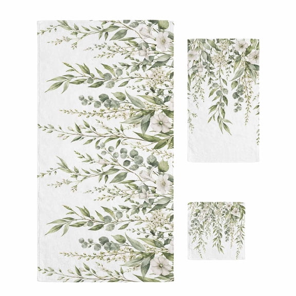 Eucalyptus Branches 3 Piece Bath Towel Sets Sage Green Willow Vines White Floral Rustic Ultra Soft Absorbent Set Includes 1 Bath Towels, 1 Hand Towels and 1 Wash Coths Microfiber Towel for Bathroom