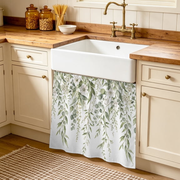 Eucalyptus Branches Cabinet Curtain, Sage Green Willow Vines White Floral Rustic Sink Skirt for Bathroom, Under Sink shelf Curtain Privacy Drape for Kitchen Laundry Room 35x35in