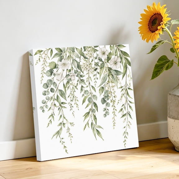 Eucalyptus Branches Canvas Wall Art, Sage Green Willow Vines White Floral Rustic Pictures Wall Decor Wooden Framed Artwork Art Prints for Living Room Hallway Bedroom Office 8"x8"