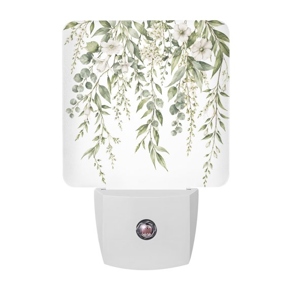 Eucalyptus Branches Night Lights, Sage Green Willow Vines White Floral Rustic Smart Auto Dusk to Dawn Sensor Nightlights Plug-in Nightlight for Bedroom Bathroom Living Room Kitchen Hallway
