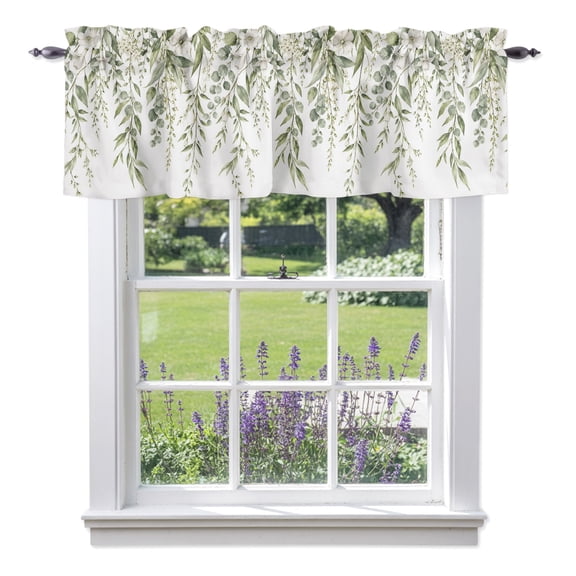 Eucalyptus Branches Valance Curtain 1 Panel, Sage Green Willow Vines White Floral Rustic Kitchen Valance with Rod Pocket Window Treatment Short Curtains for Bathroom Bedroom, 42 x 12 Inches