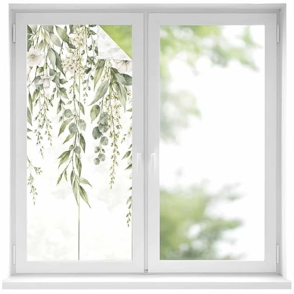 Eucalyptus Branches Window Privacy Film 19.6x39.3in Sage Green Willow Vines White Floral Rustic Decorative Window Film with Static Cling, UV Filtering Window Cling Privacy Film for Glass Doors