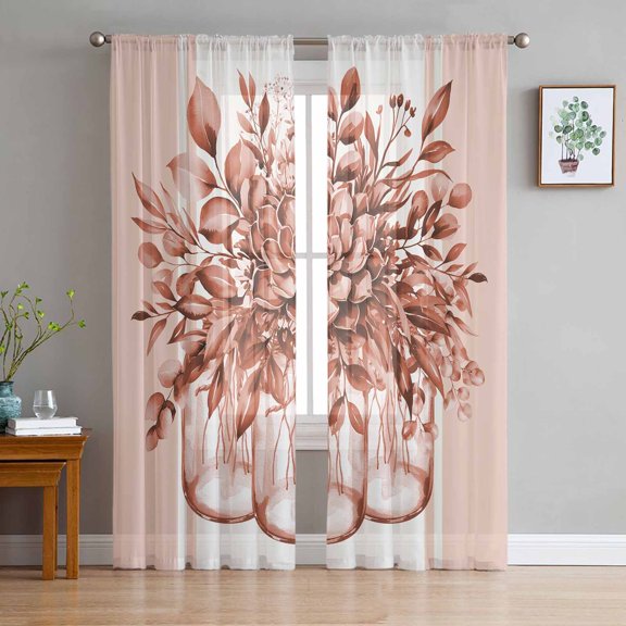 Eucalyptus Brown Semi Sheer Curtains 63 Inch Length 2 Panels Set, Stripes Bottle Flower Cactus Plant Sheer Kitchen Curtain Privacy Voile Window Curtain for Living Room Bedroom Rod Pocket Drapes