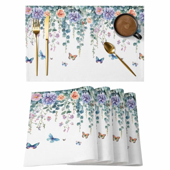 Eucalyptus Butterflies Placemats Set of 4 Spring Garden Botanical Place Mats Indoor Wipeable Table Mats Washable Cloth Dining Table Placemats for Kitchen Holiday Party Home Decor 13x19 Inch