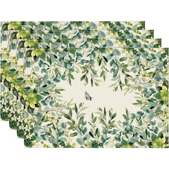 Eucalyptus Butterfly Summer Placemats Set of 4, 12x18 Inch Seasonal Wild Flowers Table Mats for Party Kitchen Dining Decoration