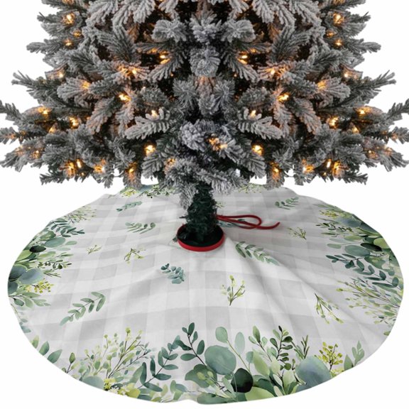 Eucalyptus Christmas Tree Skirt 36 Inches, Sage Green Farm Plant Gray Buffalo Plaid Xmas Trees Skirt Mat Cover Decorations for Holiday Party Indoor Outdoor