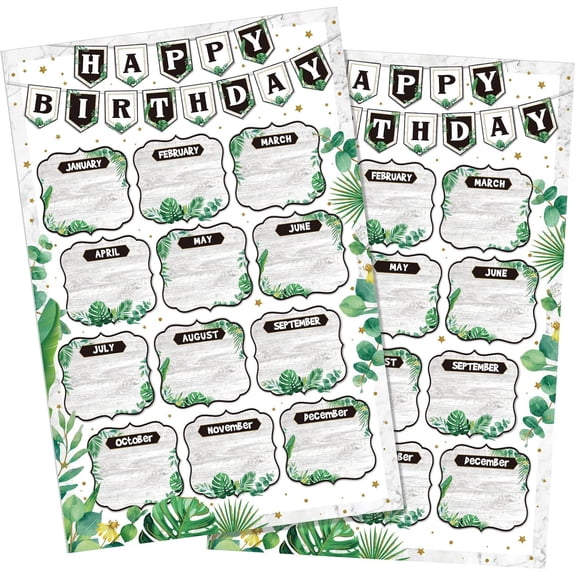 Eucalyptus Classroom Birthday Chart Poster 12 x 18 Inch Birthday Bulletin Board Decorations Set Reusable Farmhouse Happy Birth Day Poster for Classroom Teacher High School Wall Decor, 2 Pcs