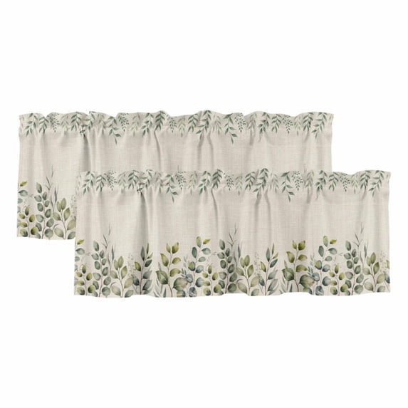 Eucalyptus Curtain Valances for Windows, Kitchen Valance Window Treatments Panel 2 Pack, Sage Green Farmhouse Leaf Pastoral Plant Rod Pocket Short Curtains for Bathroom Bedroom 54 x 18 Inch
