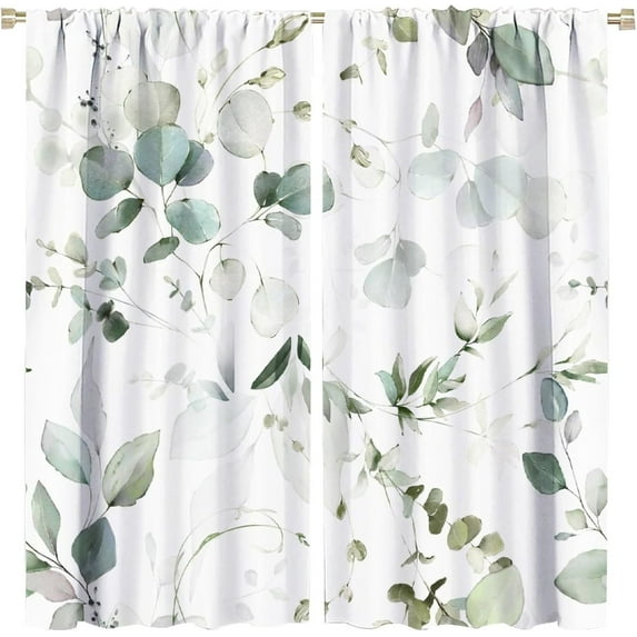 Eucalyptus Curtains Green Leaves Branches Spring Botanical Blackout Print Rod Pocket Window Drapes for Bedroom Living Room 42x54in