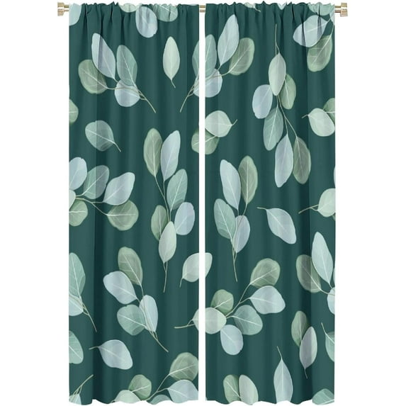 Eucalyptus Curtains Nature Botanical Blackish Green Leaves Pattern Blackout Print Rod Pocket Window Drapes for Bedroom Living Room 42x63in