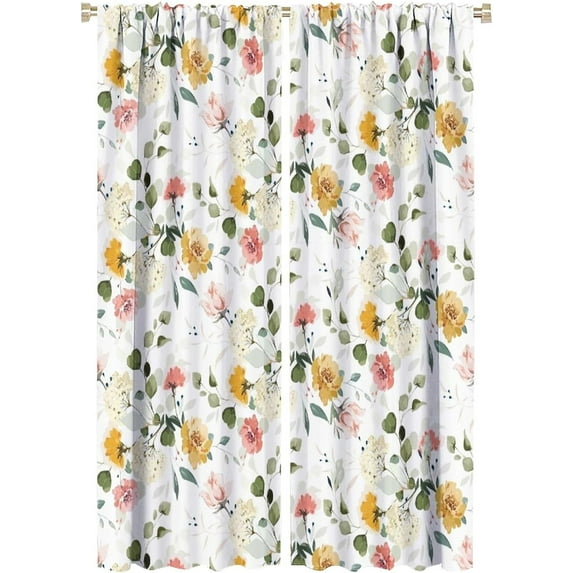 Eucalyptus Curtains Red and Yellow Flowers Green Eucalyptus Leaves Blackout Print Rod Pocket Window Drapes for Bedroom Living Room 42x63in