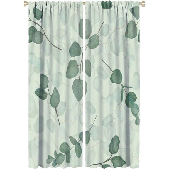 Eucalyptus Curtains Watercolor Spring Botanical Green Leaves Pattern Blackout Print Rod Pocket Window Drapes for Bedroom Living Room 42x63in