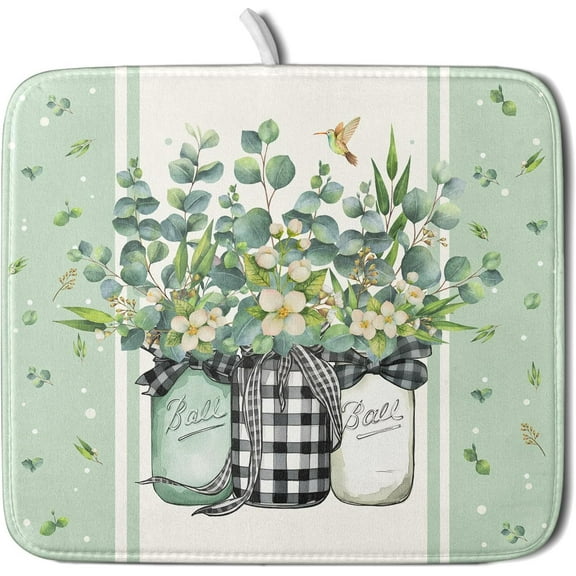 Eucalyptus Dish Drying Mat for Kitchen Counter, 16x18 Inch Spring Green Leaves Flower Plaid Vase Microfiber Dish Drainer Rack Mats Absorbent Reversible Dishes Pad