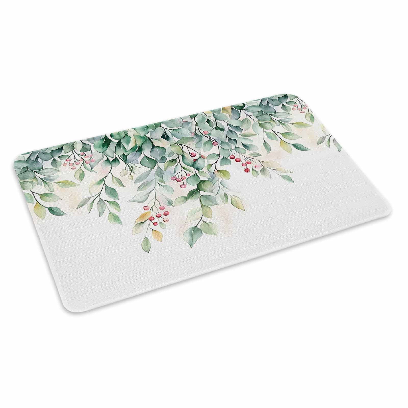 Eucalyptus Doormat Outdoor Entrance 16"x24", Retro Green Spring Botanical Leaf Red Fruit Absorb Moisture Dirt Door Mats, Non-Slip Rubber Backing Floor Mats Indoor, Low-Profile Front Door Rugs