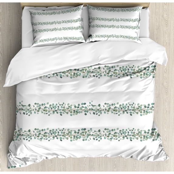 Eucalyptus Duvet Cover Set, Horizontal Strips Ornamented in Leaves and Branches Garden Art, Decorative 3 Piece Bedding Set with 2 Pillow Shams, Queen Size, Pale Reseda Green and White, by Ambesonne