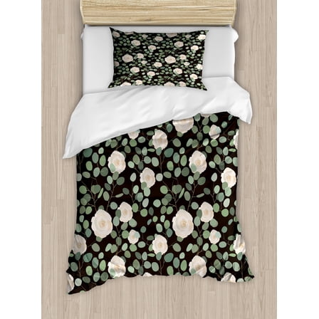 Eucalyptus Duvet Cover Set, Top View Composition of Roses and Leaf Motifs Floral Ornaments, Decorative 2 Piece Bedding Set with 1 Pillow Shams, Twin Size, Dark Grey Green Champagne, by Ambesonne