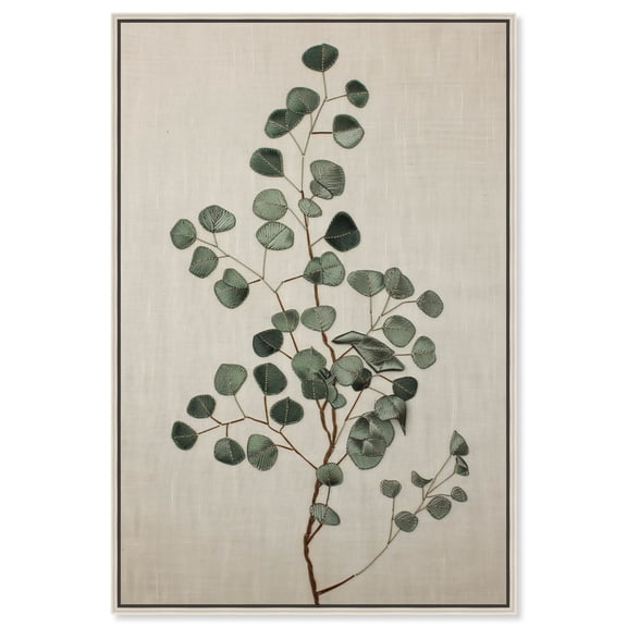 Eucalyptus Embroidery II Minimalistic Botanical Art Prints Canvas Wall Art by Art Remedy, Silver Floater Frame, 30"x45"
