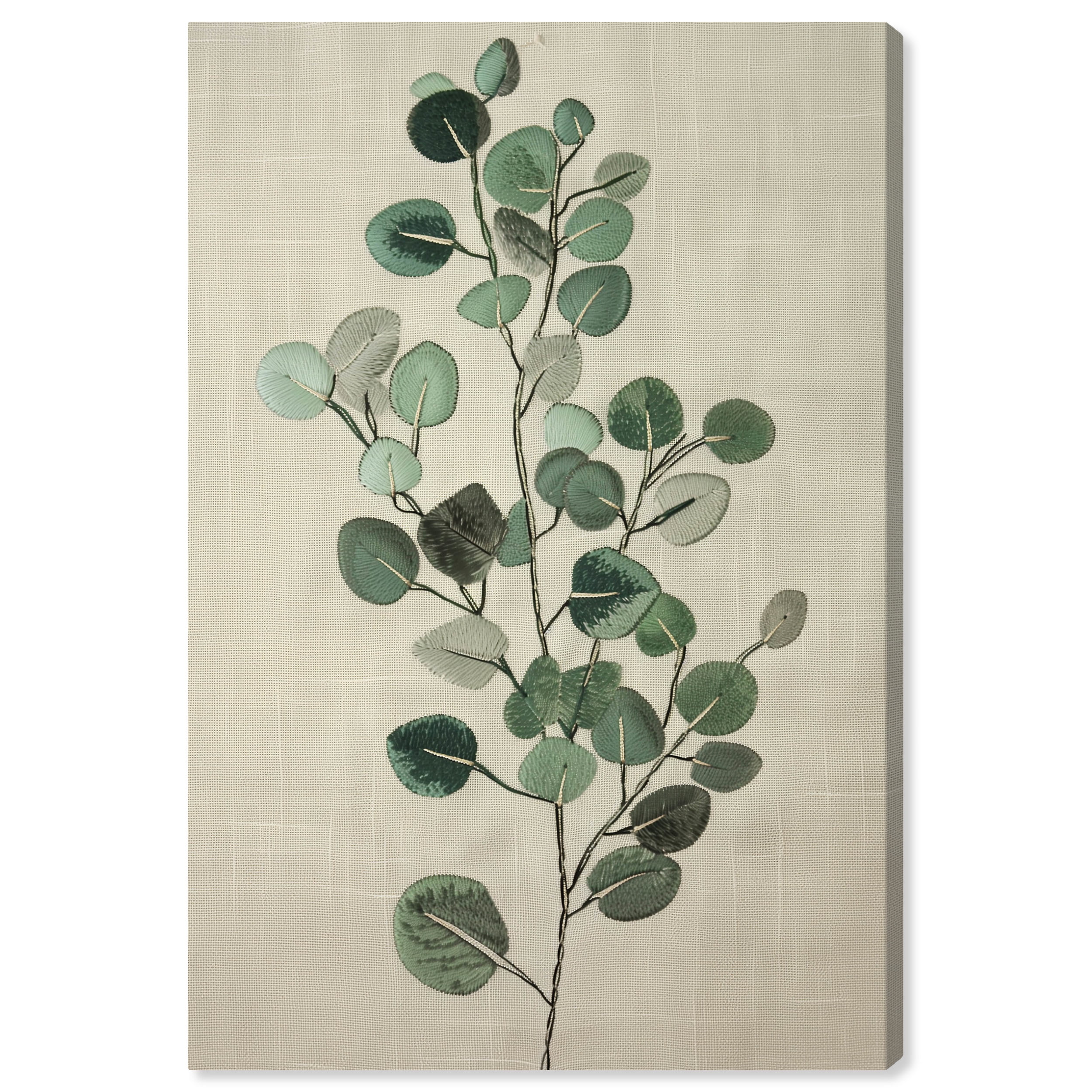 Eucalyptus Embroidery Green and Beige Botanical Canvas Wall Art, 10" x 15"