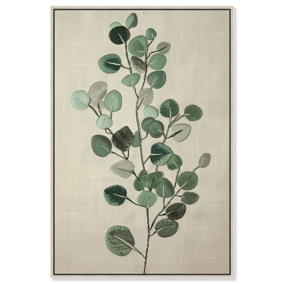 Eucalyptus Embroidery Minimalistic Botanical Art Prints Canvas Wall Art by Art Remedy, Silver Floater Frame, 16"x24"