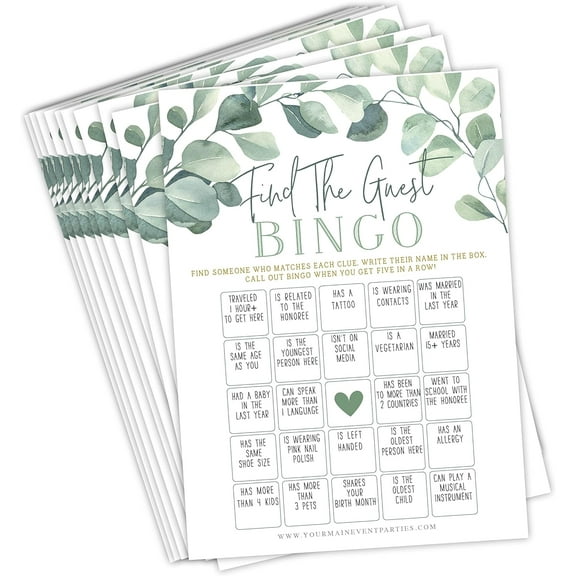 Eucalyptus Floral Find The Guest Bingo Game for Bridal Shower, Baby Shower and Bachelorette Parties, 50 Game Cards Included