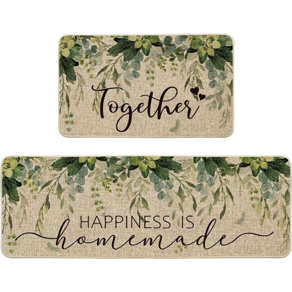 Eucalyptus Floral Leaves Kitchen Mats Set of 2, Spring Home Decor Low-Profile Kitchen Rugs for Floor - 17x29 and 17x47 Inch