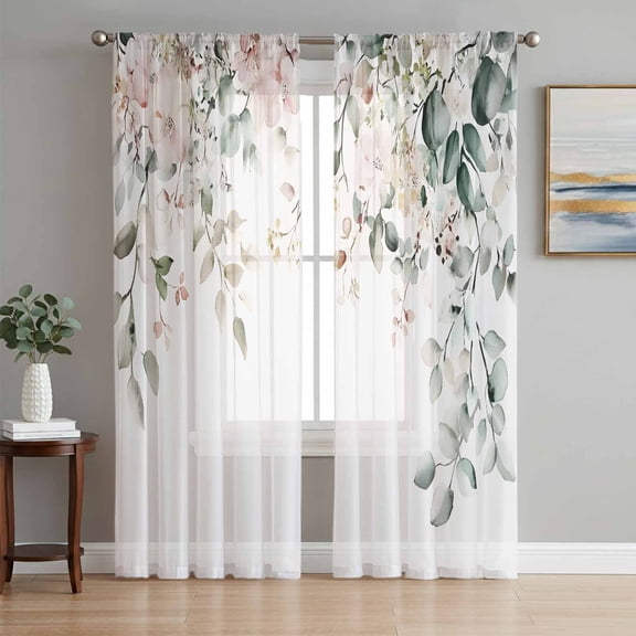 Eucalyptus Floral Sheer Curtains 96 Inch Length 2 Panels Set, Spring Summer Botanical Voile Window Treatment Semi Sheer Long Curtains Drapes for Bedroom/Living Room/Kitchen 52"x96"x2