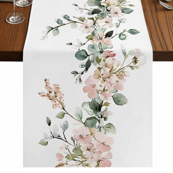 Eucalyptus Floral Short Table Runner 36 Inches Long,Vintage Spring Botanical Leaves Cotton Linen Table Runners Dresser Scarves,Fabric Tabletop Scarf Furniture Cover for Home Dinner Party 13"x36"