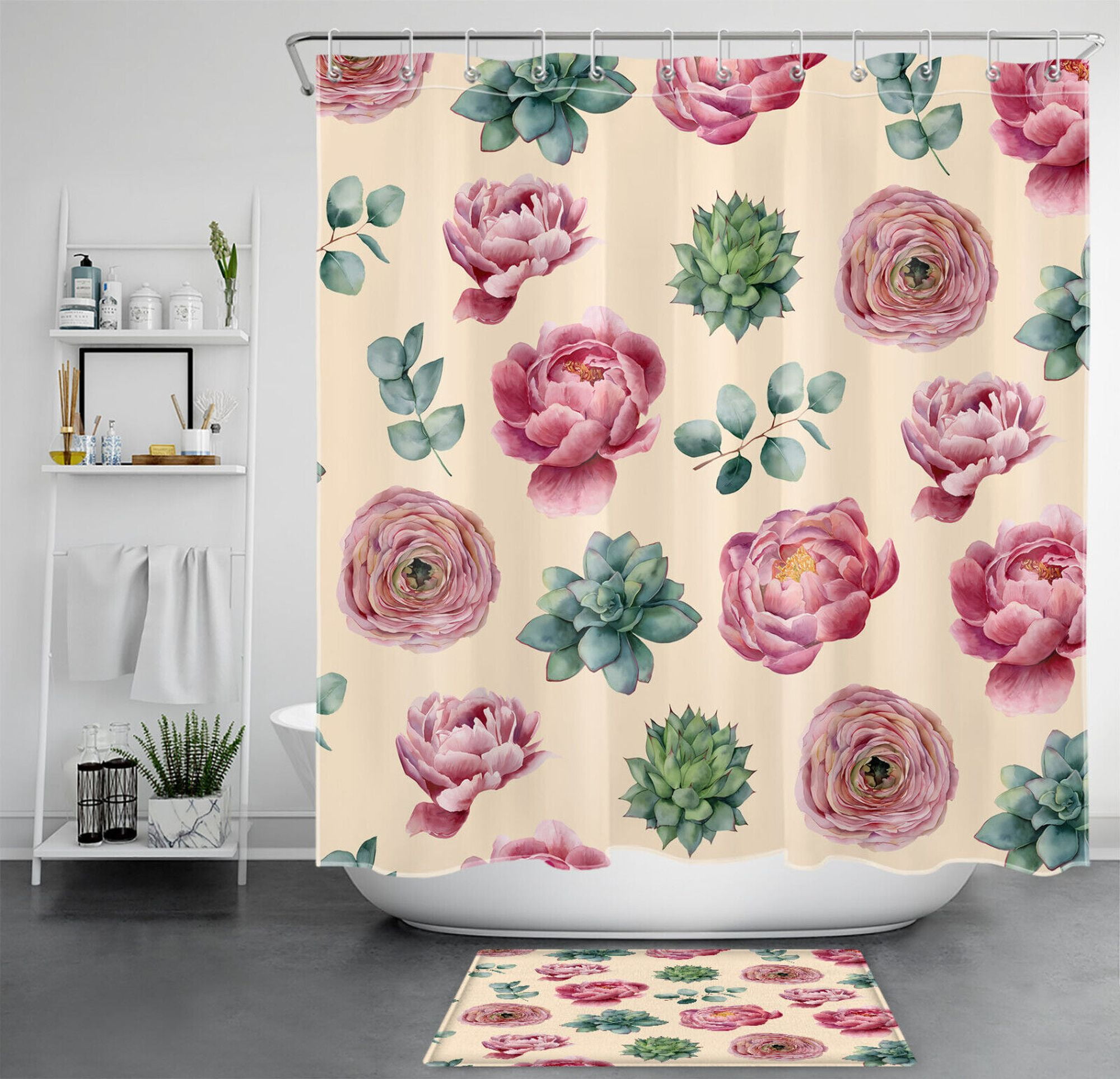 Eucalyptus & Floral Shower Set Green, Pink, & Beige Bath Accessories