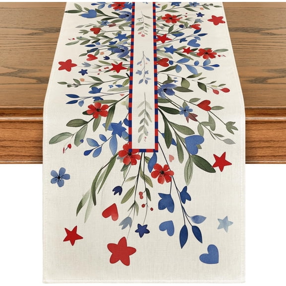 Eucalyptus Floral Stars 4th of July Table Runner, Memorial Day Kitchen Dining Table Decoration for Home Party Decor 13x48 Inch
