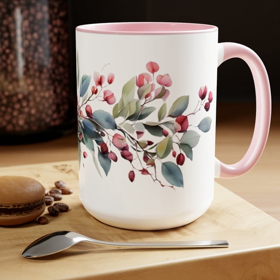 Eucalyptus Floral Wreath Mug: Farmhouse Coffee Cup, Pink Garland