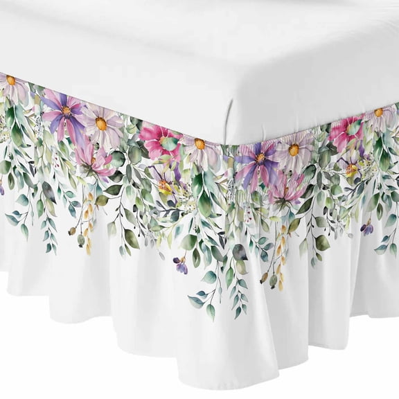 Eucalyptus Flower Bed Skirt Queen Size 16 Inch Drop, Adjustable & Elastic Wrap Around Bed Skirts Pleated Dust Ruffles For Twin Full Queen Cal King Base Beds, Sage Green Botanical Boho Leaf Pink