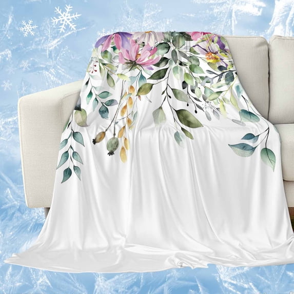Eucalyptus Flower Cooling Blanket,Lightweight Breathable Summer Throw Blanket with Double Sided Cold Effect,Sage Green Botanical Boho Leaf Pink Picnic Blankets Bed Sheet for Hot Sleepers 60"x80"