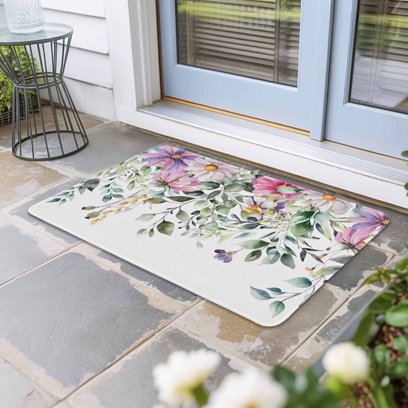 Eucalyptus Flower Door Mat Indoor Outdoor, Sage Green Botanical Boho Leaf Pink Non Slip Welcome Mat with Rubber Backing, Absorbent Fabric Front Door Mats Entryway Rug for Home Patio Entrance 16"x24"