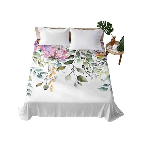 Eucalyptus Flower Flat Sheet Only Twin Size, Soft Breathable Bed Top Sheets for Mattress, Sage Green Botanical Boho Leaf Pink Luxury Bedding Flat Sheets for Home Hotel Bedroom Bed Protection
