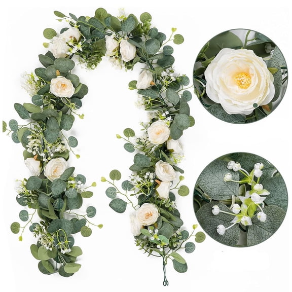 Eucalyptus Flower Garland,Bexikou 2 Pcs Artificial Flower Garland,White Flower Garland,Eucalyptus Leaves Greenery Garland for Wedding Table Runner Backdrop Party Centerpiece Room Decor
